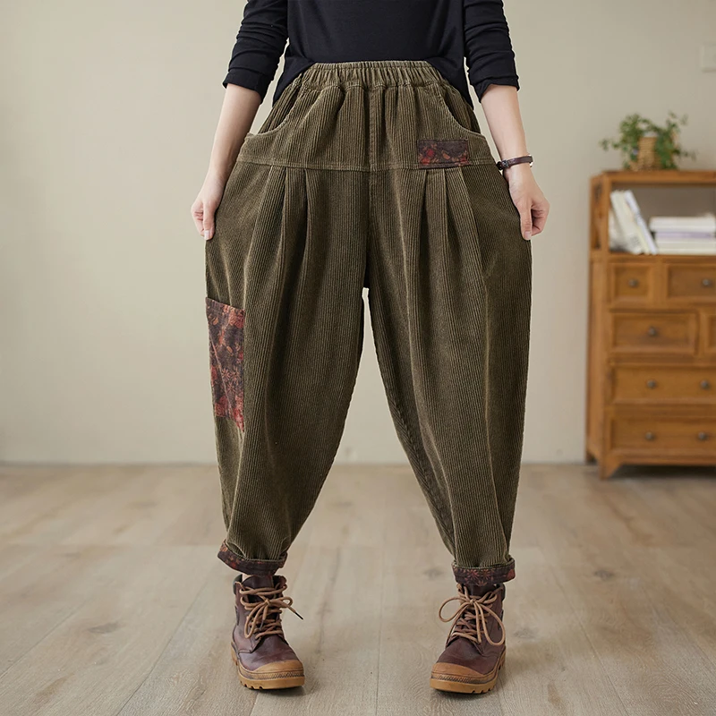 2023 New Arrival Spring Autumn Women Ankle-length Pants Casual Loose Cotton Corduroy Elastic Waist Patchwork Harem Pants V831