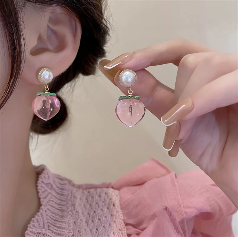 2023 Summer Hot Korean Acrylic Trendy Pink Peach Drop Earrings For Women Girls Cute Sweet Jewelry Gift Fashion Fruit Oorbellen