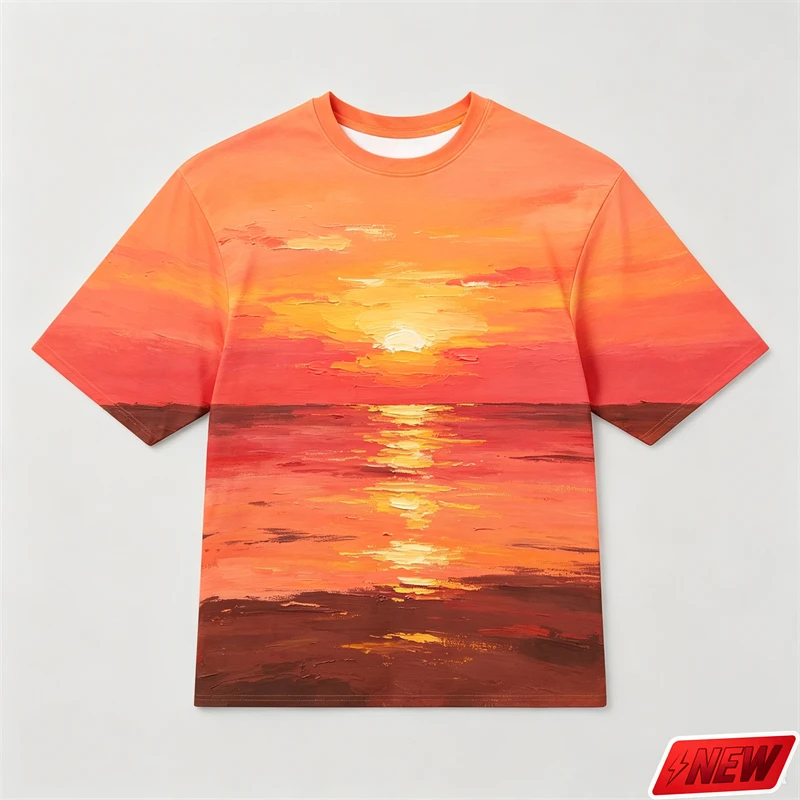 3D Printed Natural Scenery Short Sleeve T Shirt Men Colorful Ocean Sunset And Plant Graphic Crew Neck Summer Fashion Unisex Tee