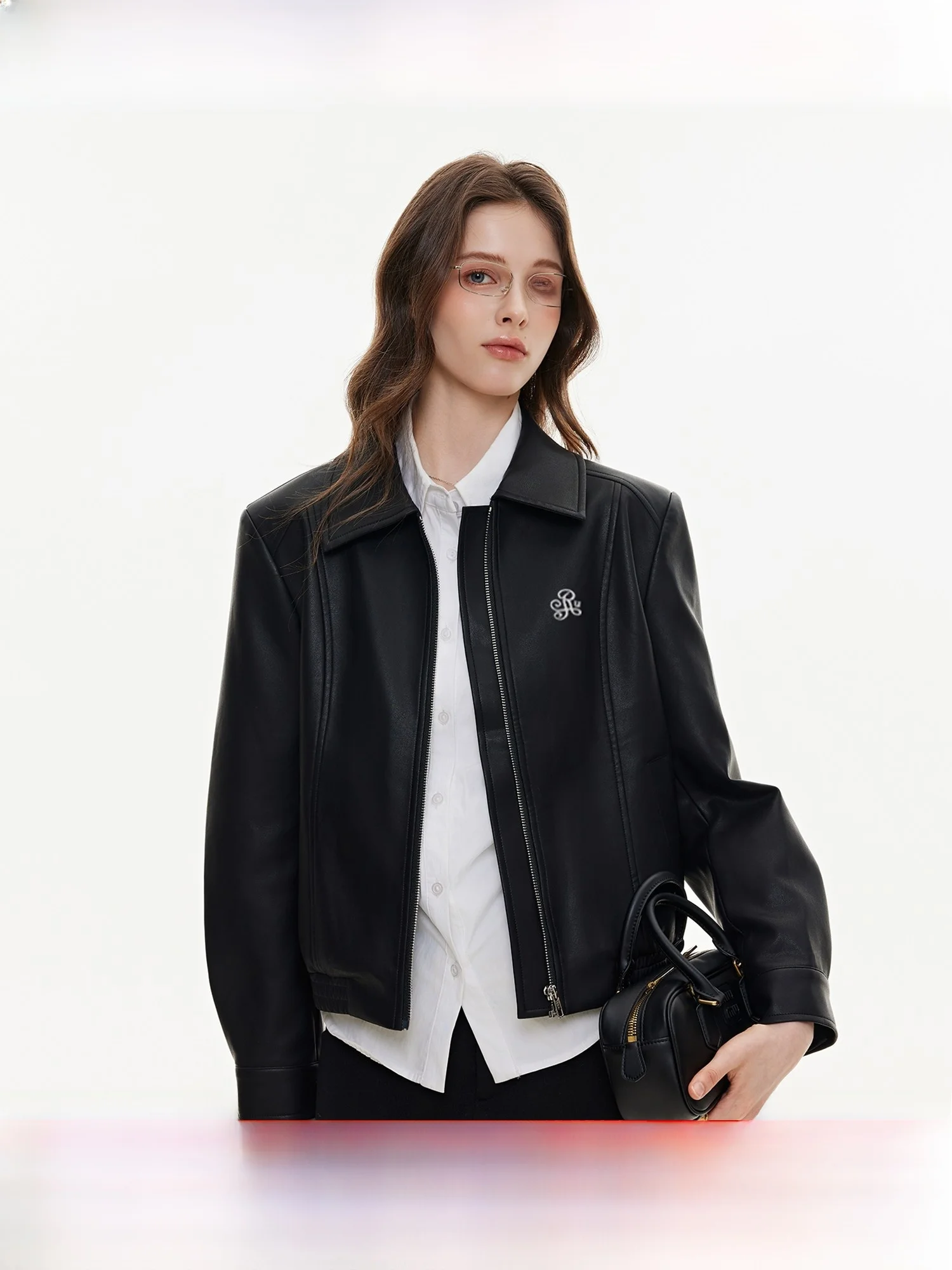 Bla Embroidered ort Biker Jaet Women's Simple Sle PU Leather Coat Spring Autumn New Arrival Ikyou Neutral Fit Long Sl...