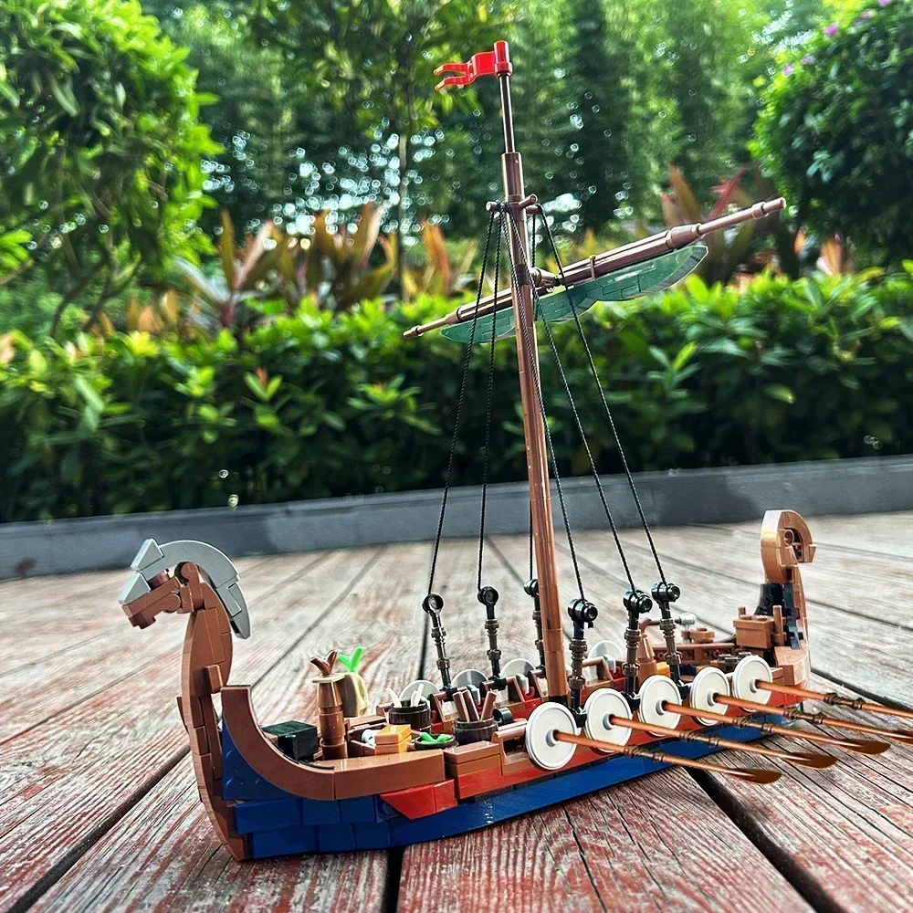 New 468PCS MOC Medieval Vikinged Ship Ocean Adventure Navigation Boat Building Blocks Education Kid Bricks Toy Suit Adult Gift