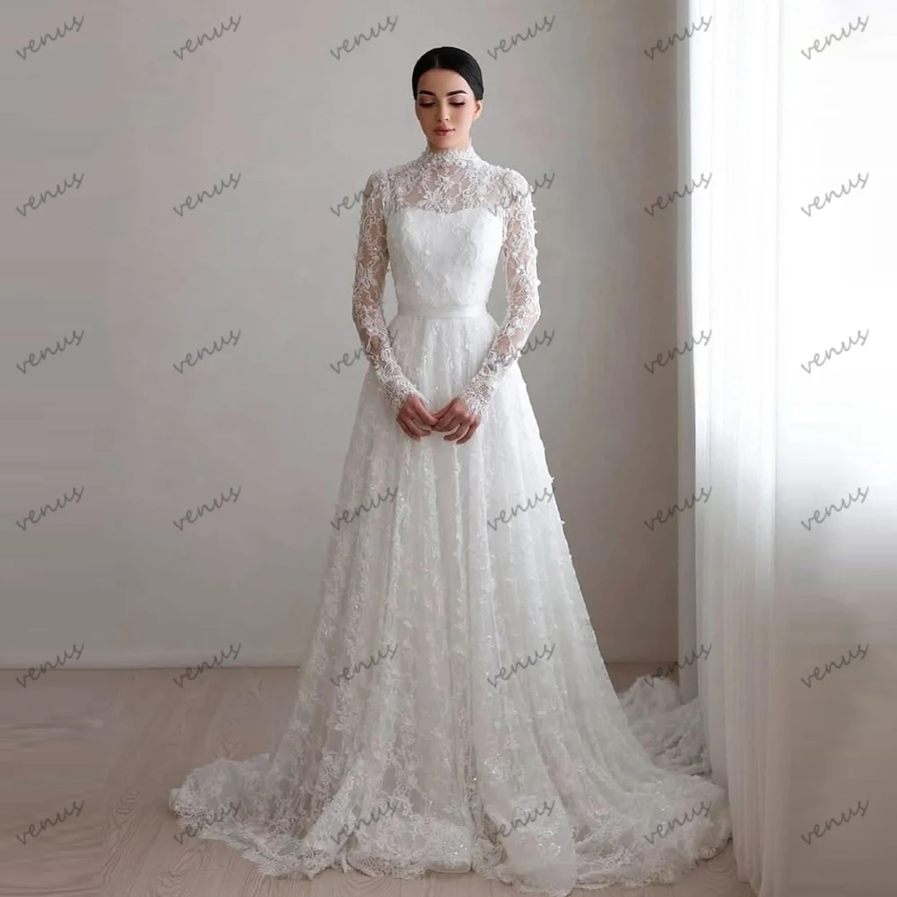 Splendidi abiti da sposa A Line Abiti da sposa Abiti a strati in pizzo per feste formali Maniche lunghe Abiti da sposa Personalizzati 2025