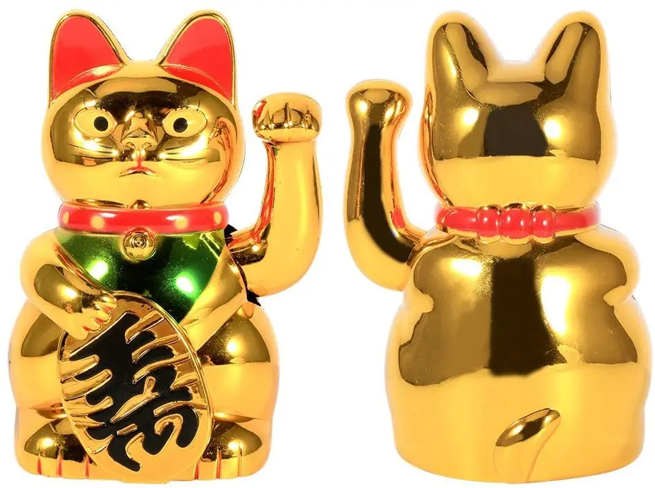 Maneki Neko Lucky Fortune Cat Japanese Lucky Cat with Waving Arm Gold Battery Operated Home Office Ornament Deoration