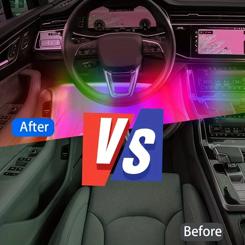 Tira de Luces LED para Coche con Música, 48 LED, Control por Aplicación Bluetooth Inteligente USB, Impermeable, Multicolor RGB, Tira de Luces Ambientales para Interior de Coche
