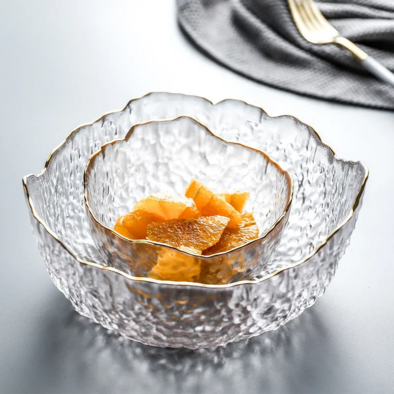 Glass Salad Bowl with Glod Rim Transparent Fruit Soup Dessert Mixing Bowl Kitchen Vegetable Noodle Food Storage Home Tableware