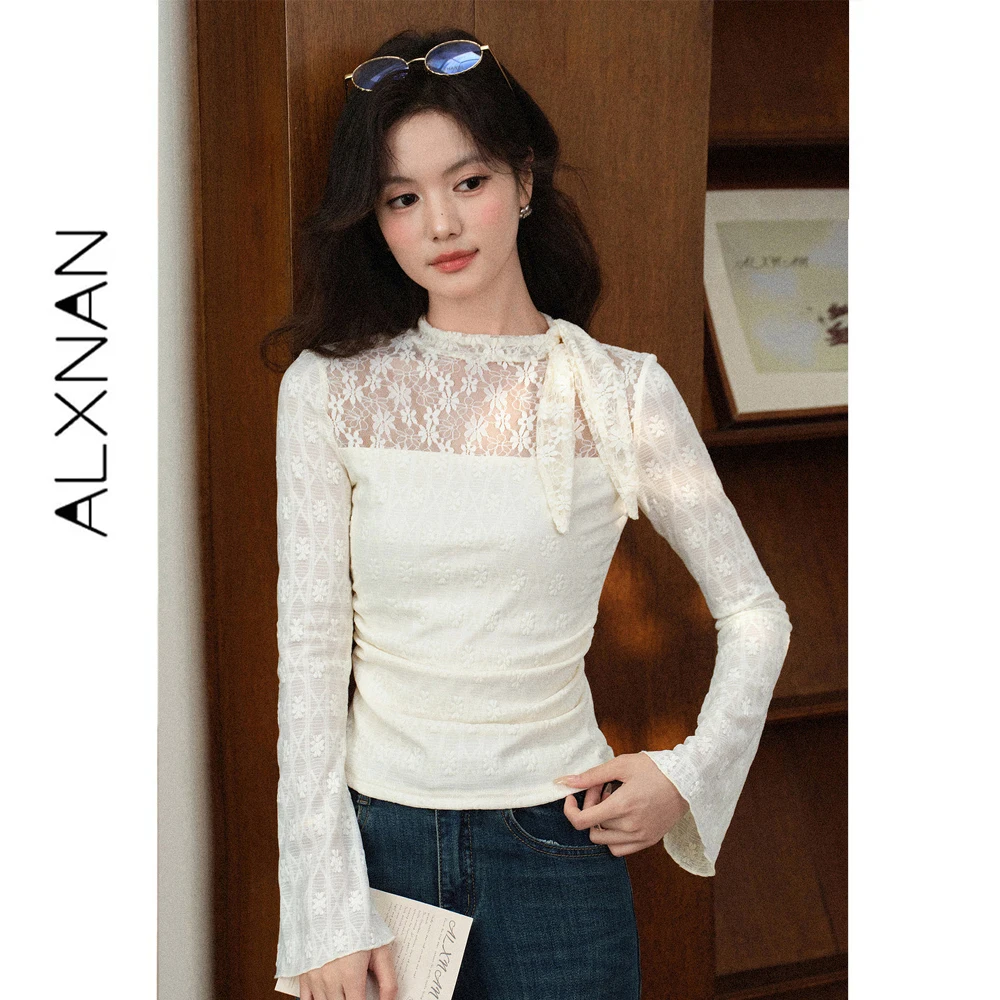 ALXNAN French White Lace T-shirt for Women Autumn New Stand Collar Flare Sleeve Pullover 2026 Elegant Fashion Ladies Top L68319
