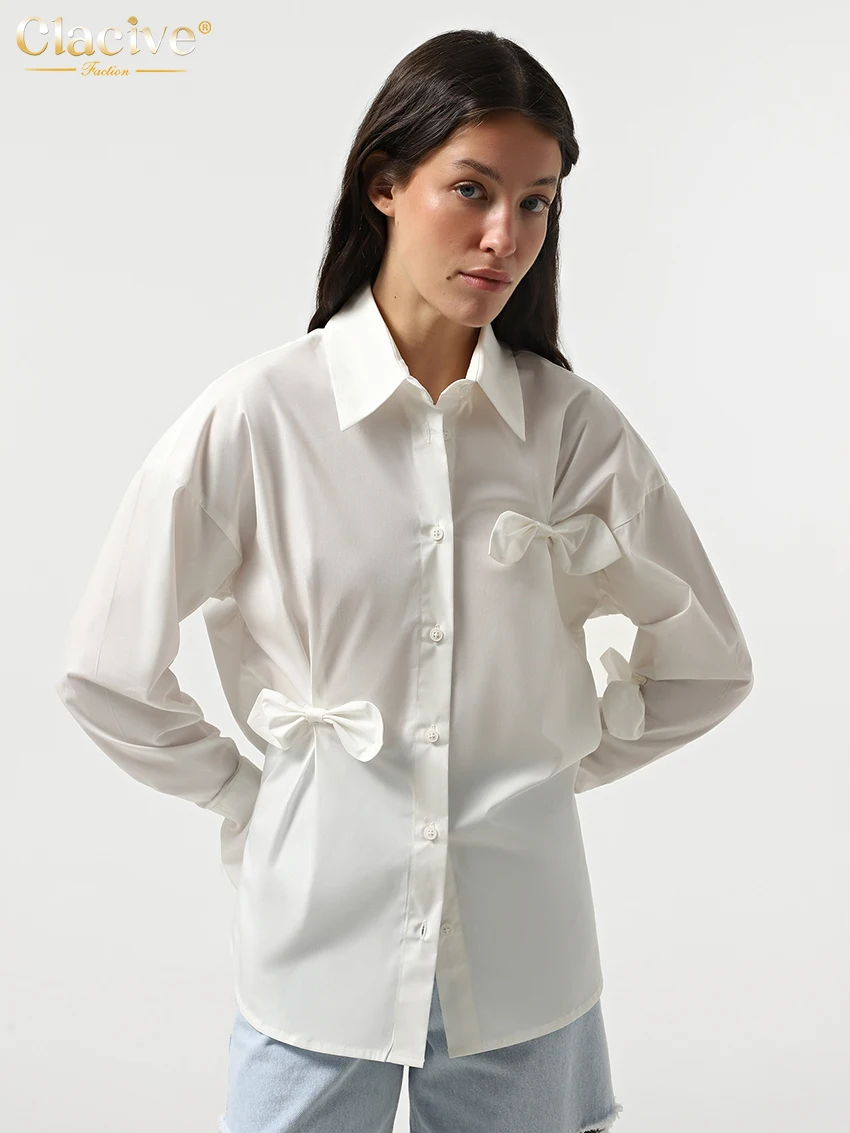 Clacive Fashion Loose White Office Women's Shirt 2025 Casual Lapel Long Sleeve Blouse Elegant Classic Bow Tops Female Clothing