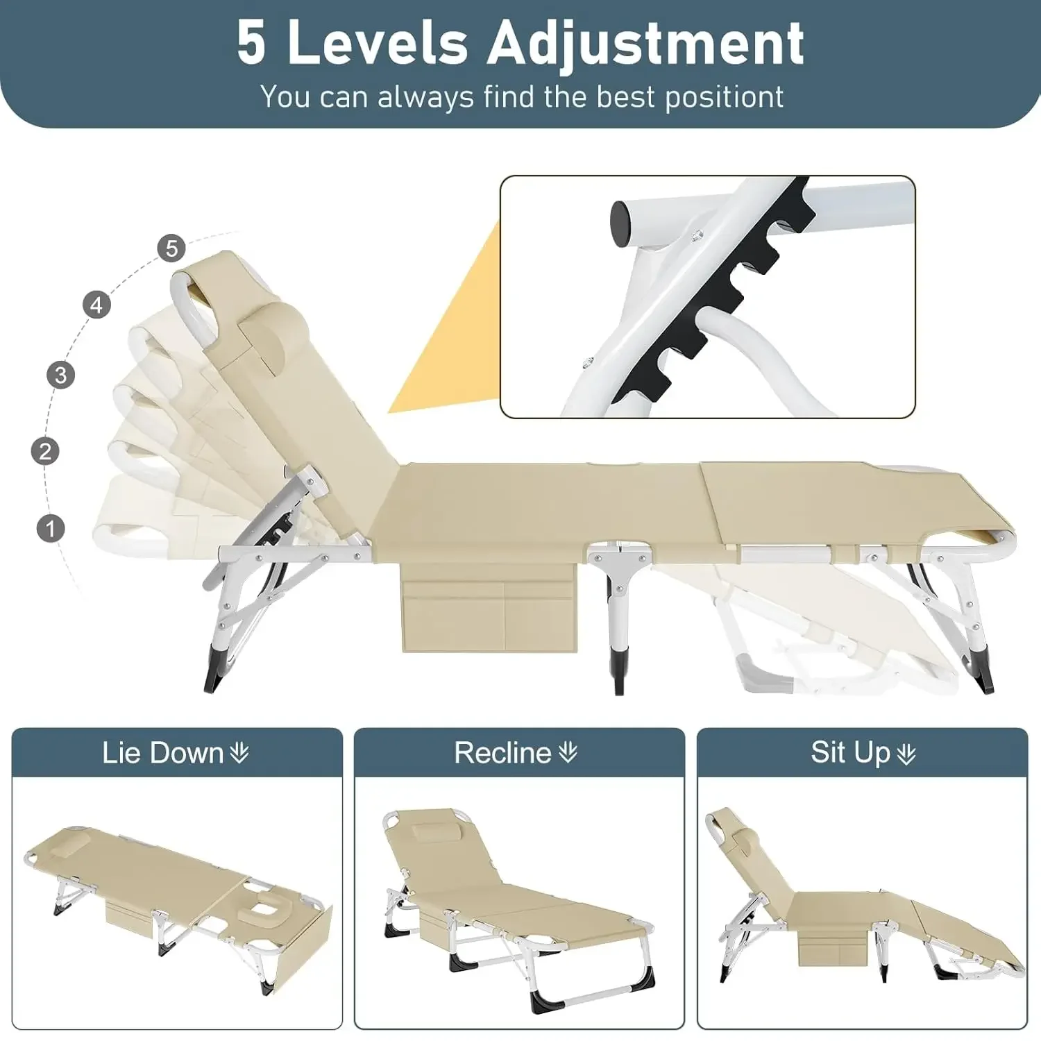 new Heavy Duty Tanning Chair Folding Beach Lounger with Face Arm Hole, 5-Position Adjustable Patio Chaise Lounge, Customized