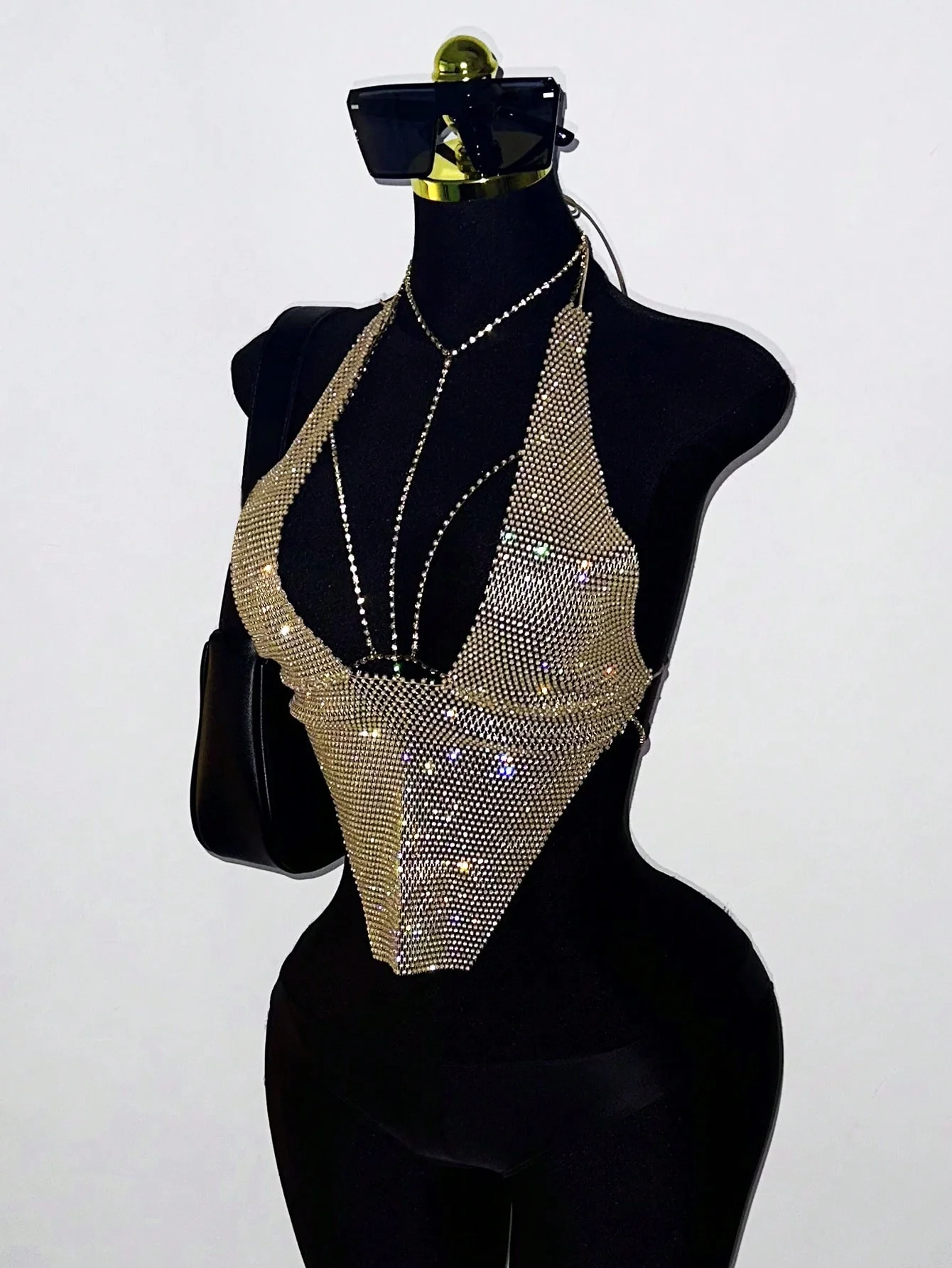 Sexy Backless Deep V Neck Crop Top Sexy Hollow Perspective Mesh Rhinestone Halter Neck Tank Top Rave Music Festival Party Camis