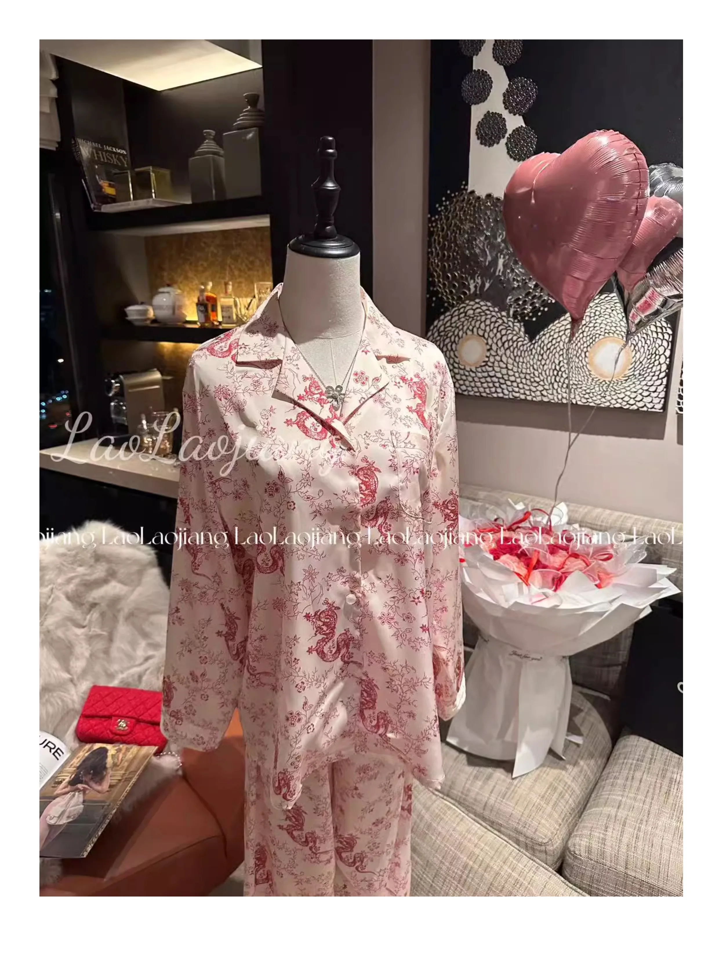 Chinese Style New Year's Red Ice Silk High-end Long-sleeved Pajamas Set Comfortable Casual Elegant Lady Loungewear 2025 Spring