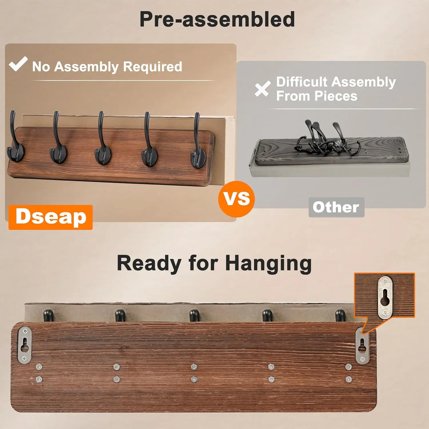 

Dseap Coat Rack Wall: Patented, Heavy-Duty, 17.4"" Long 5-Double-Hooks Wooden Wall Mounted Coat Rack Coat Hanger Hook Rail For