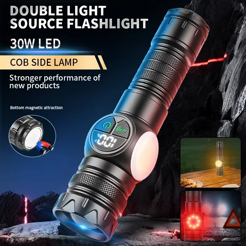 LED Flashlight Torches USB Rechargeable Searchlight Outdoor Waterproof Long Beam Transformer Focal Flashlight COB Side Lamp