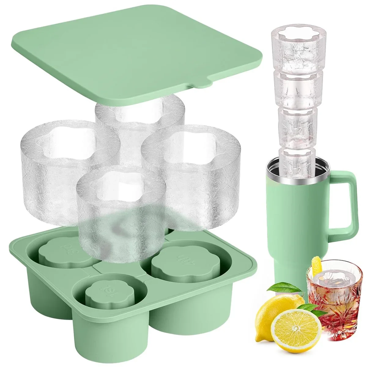 Silicone Ice Cube Tray, Ice Mold for 40/30/20 oz Tumbler Cup, 4-Tier Hollow Cylinder Ice Mold with Lid, Easy Release Ice Maker