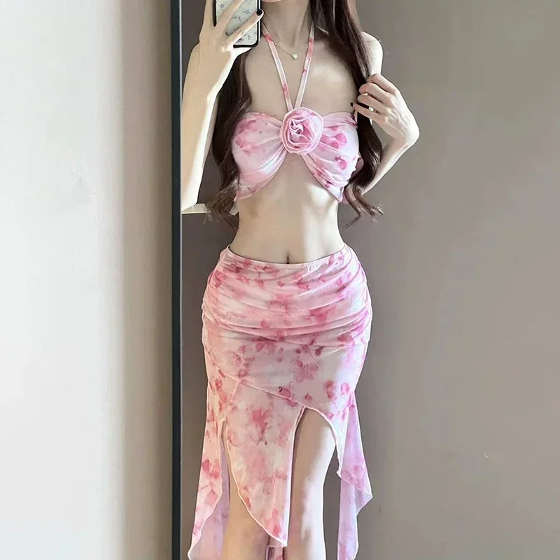 Women's Long Dress Bikini Halter Neck Sexy Swimsuit with Removable Pads Beach Cover Up Flowy Swimsuit for Vacation Body Shaping