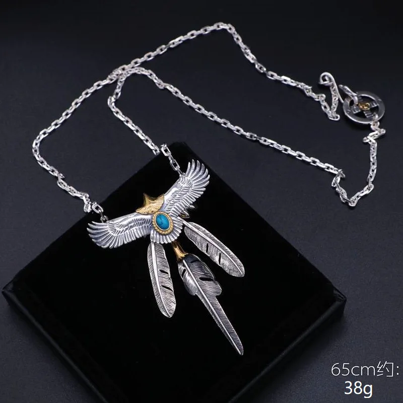 

Indian Style 925 Sterling Silver Turquoise Eagle Feather Necklace Pendant Too Corner Chain Trendy T-shirt Sweater Chain