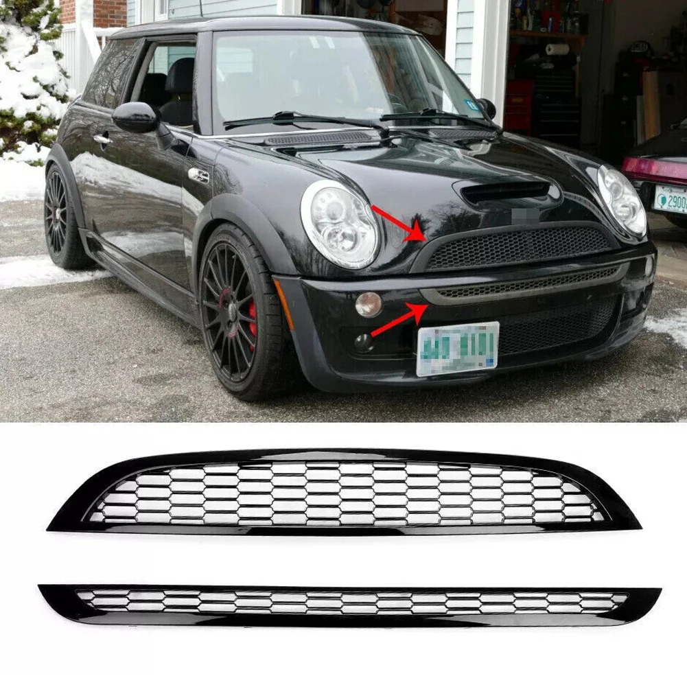 2PCS Front Upper And Lower Grills Front Bumper Hood Honeycomb Mesh Grille Guard Trim Cover Compatible With MINI COOPER R50 R52