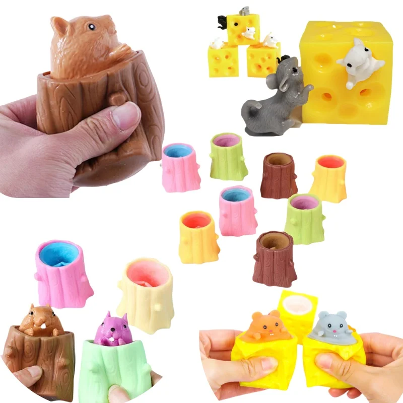 Multiple options Funny stress relief Squeeze ToysTree Stump Squirrel Cup Decompression Mouse Cheese Telescopic Head Spoof Toys
