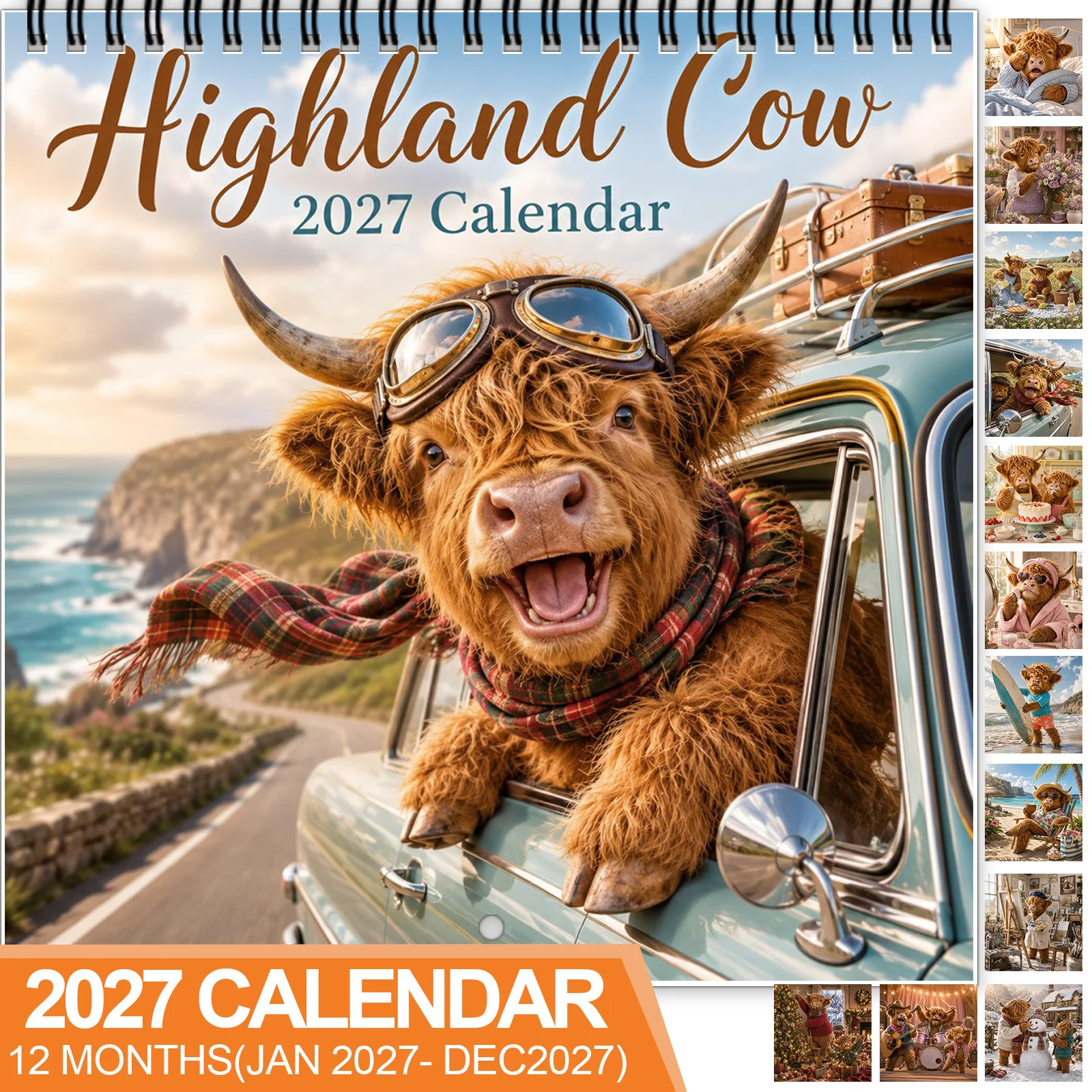 2027 Wall Calendar 12 Months Highland Cow Cute Fluffy Cow Art Wall Hanging Calendar Gift for Animal Lovers