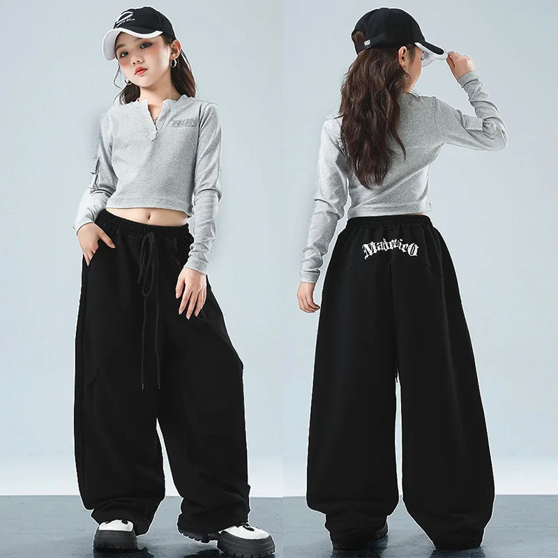 

Hip Hop Kpop Stage Costume Children Urban Dance Clothes Gray Long Sleeve Top Black Shuffle Pants Jazz Street Dance Clothing 3086