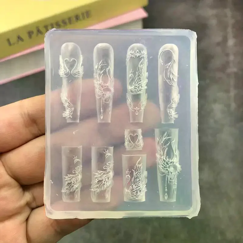 1Pcs Embossed Pattern Swan Lake Nail Art Mold High Transparent Abrasive Silicone DIY Handmade Mold