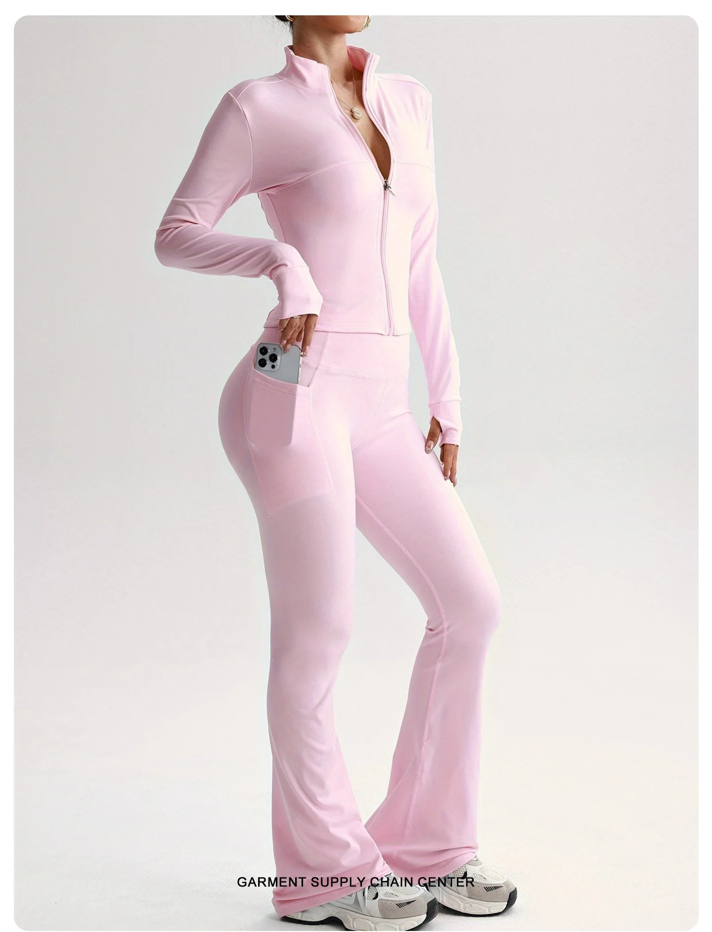 

TK Лидер продаж, расклешенные брюки с отворотом и молнией с длинными рукавами, комплект для йоги, спортивная одежда для фитнеса и улицы для женщин, комплект для йоги