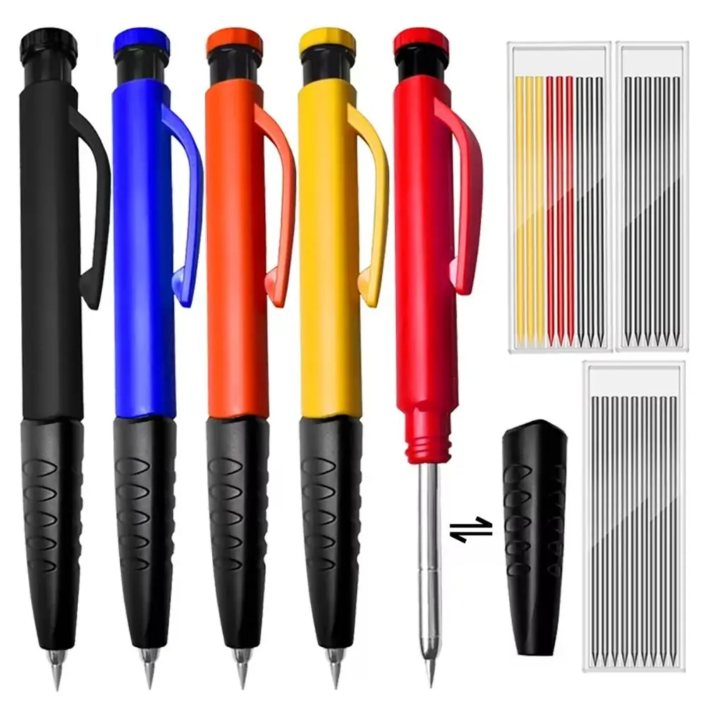 1Set 2.8mm Woodworking Pencil Built-in Sharpener Deep Hole Marking Solid Carpenter Pencil Long Head Metal