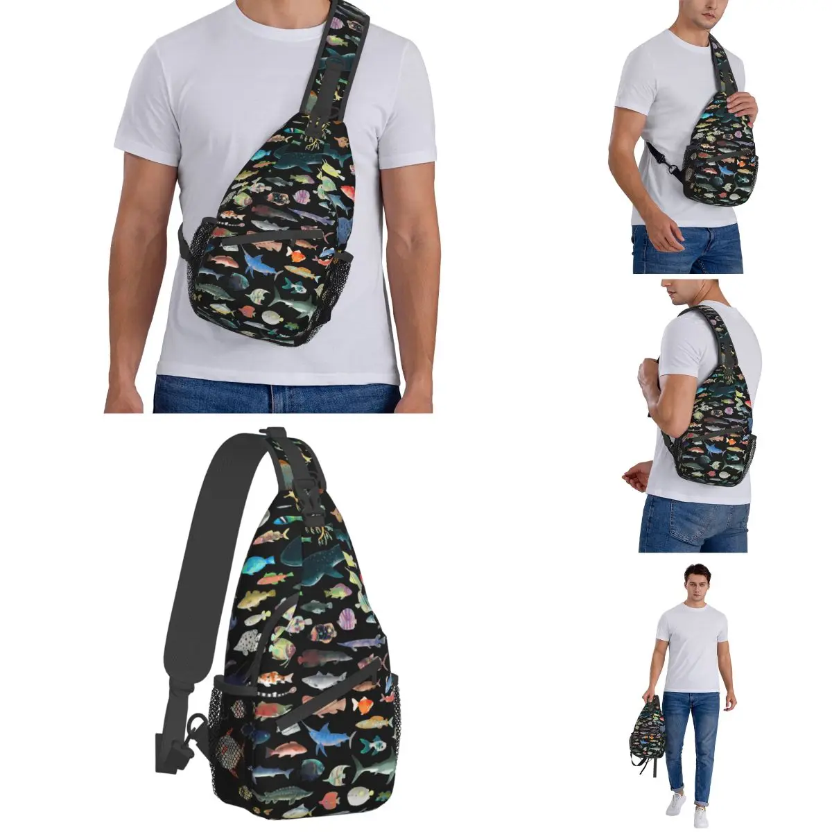 One Hundred Fish Ocean Life Small Sling Bag Chest Crossbody Shoulder Backpack Hiking Travel Daypack Scuba Diving Printed Satchel