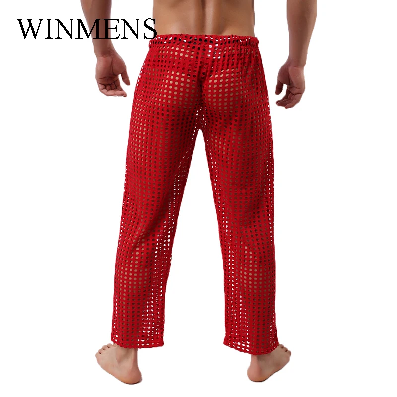 Men\'s Sleep Bottoms Cut-outs Fishnet Pajama Pants For Adult Gay Sissy Erotic See Through Bedtime Trousers Sheer Nightwear