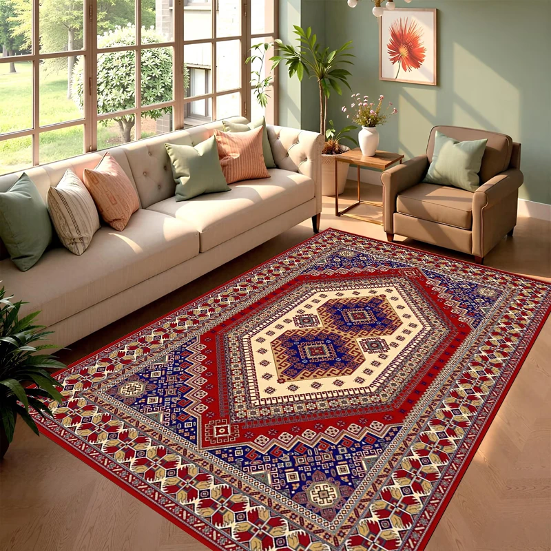 Red Blue Tribal Geometric Non-Slip Area Rug, Oriental Style Carpet for Living Room Floor Decoration