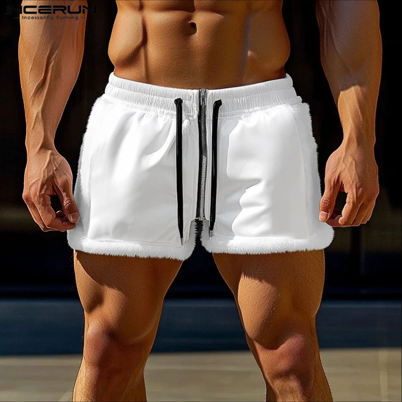 INCERUN мужские шорты плюшевые лоскутные джоггеры на шнурке на молнии мужские штаны уличная одежда 2025 летние модные повседневные мужские шорты S-5XL