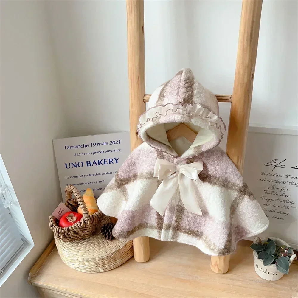 Winter Infant Baby Girls Clothes, Cozy Coat Hooded Single-breasted Bow Ruched  for 1-3 Years Old, Kids Soft Warm Cloak 3M-3Y