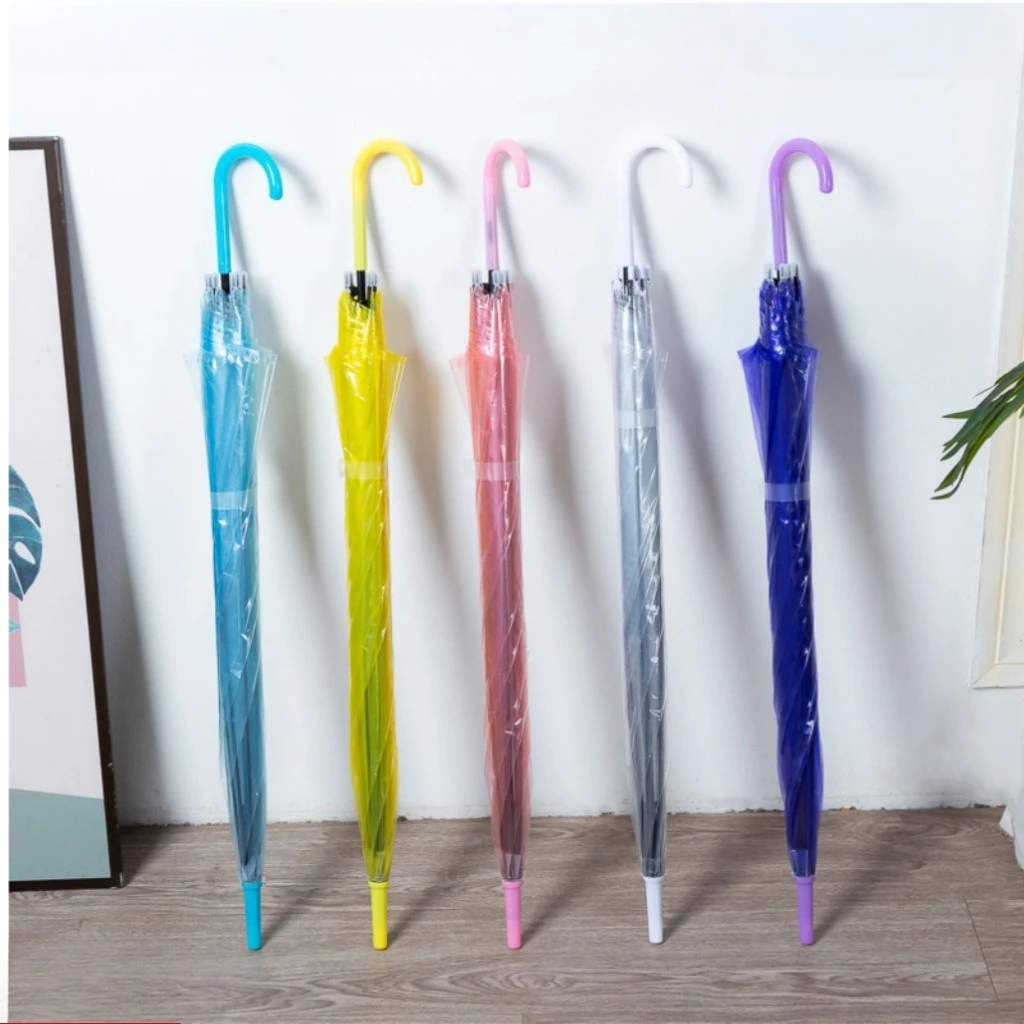 

Creative Small Fresh Long Handle Transparent PVC Umbrella Automatic Open Colorful Straight Stick Rain Umbrella