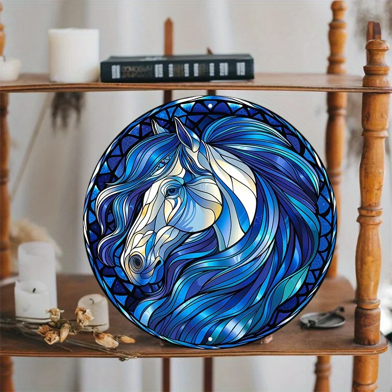 Round Aluminum Metal Horse Art Sign: HD Printing, Pre-Drilled for Easy Hanging - Stained Glass, Window Style Decor, 8x8 in, 1PC