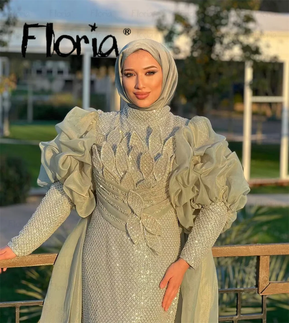 Floria Muslim Customized Gold Beaded Prom Dresses With Cape Sleeve Luxury Wedding Party Dress Plus Size Formal Occasion Dress