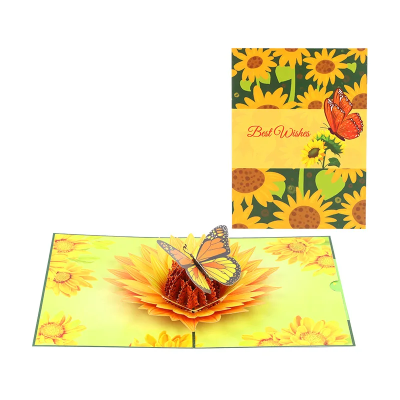 

Pop-up greeting cards featuring sunflowers and butterflies, perfect for Mother's Day, Teacher's Day, and Valentine's Day