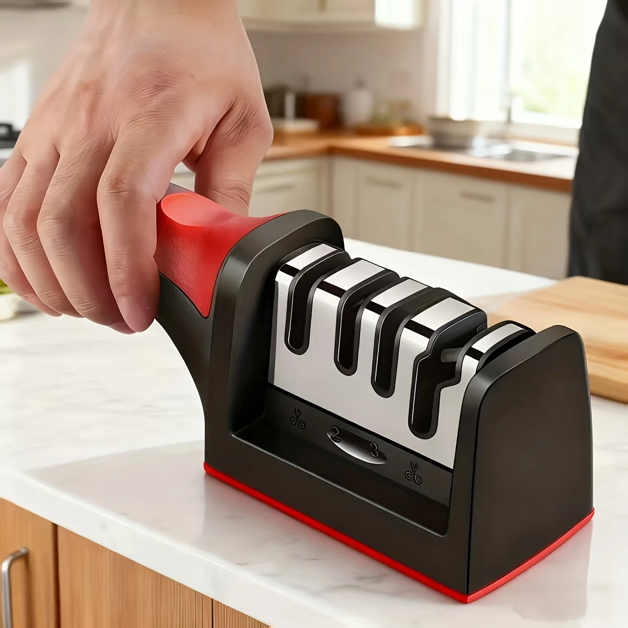 Manual Sharpener, 4-Stage Sharpening Tool with Plastic Handle, Used for Repairing, Trimming, and Polishing Knives and Scissors
