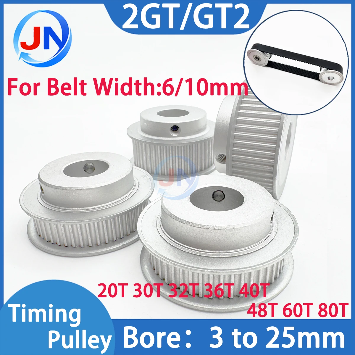 20T 2GT Timing Pulley 30T 32T 40T 60T 80T Synchronous Wheel Belt Width 6/10mm GT2 Pulley 2m