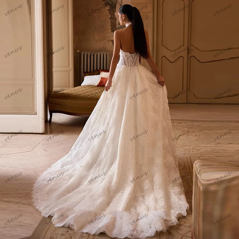 فساتين زفاف براقة زي العرائس خمر بلا أكمام عارية الذراعين الرسن الرقبة الجلباب الساحرة Vestidos De Novia مخصصة 2026