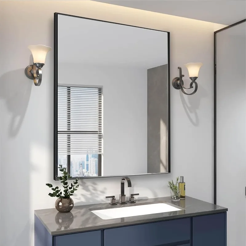 مرآة حمام سوداء مقاس 30 × 36 بوصة للجدار، مرآة زينة مستطيلة بإطار من الألومنيوم، حديثة كبيرة لغرفة النوم والمعيشة