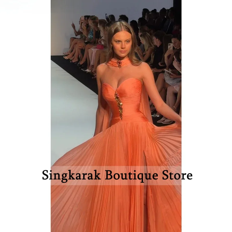 Custom Orange Pleated Sweetheart Prom Dress High Neck Cape Beaded Slit Long Evening Dress Formal Party Gown