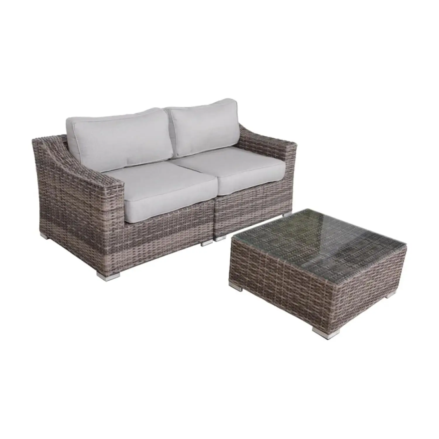 Outdoor Loveseat & Table Set All-Weather Wicker Removable Cushions Tempered Glass Patio Poolside Backyard, Customized