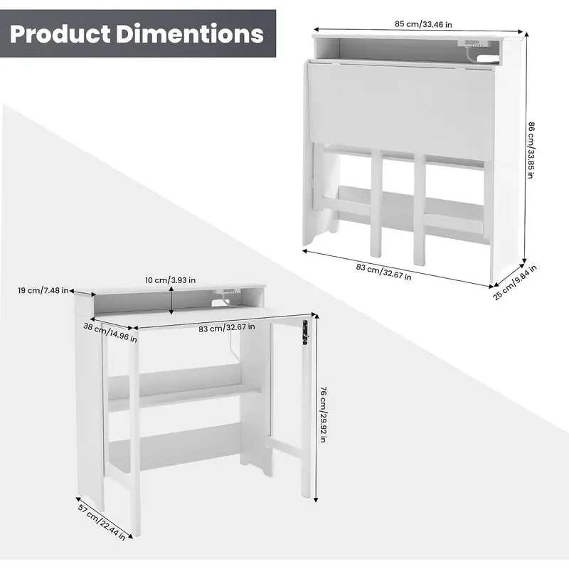 Fold Out Desk with Power Outlets Small Foldable Table with Storage Shelf Space Saving Hidden Desk for Bedroom Living Room