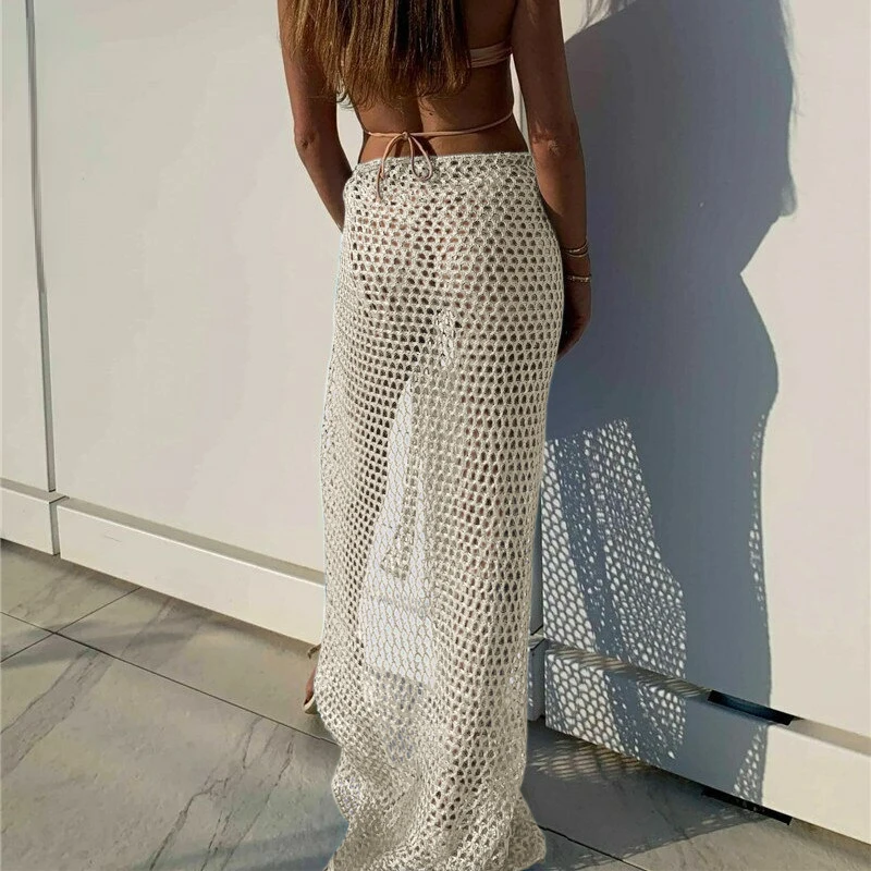 New Arrival Women Knitting Crochet Hollow Out Cover Up Solid Color Beach Dress Sexy Wrap Skirt Binding Rope Beach Wear Sarong