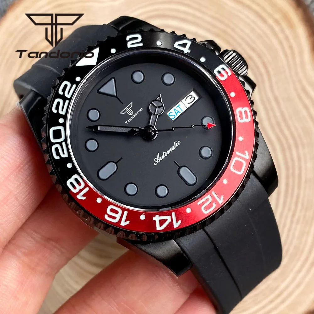 Tandorio 40mm Black Pvd Automatic NH36 Watch for Men Week Date Display Rotating Bezel Sapphire Glass Flash Second Pointer Rubber