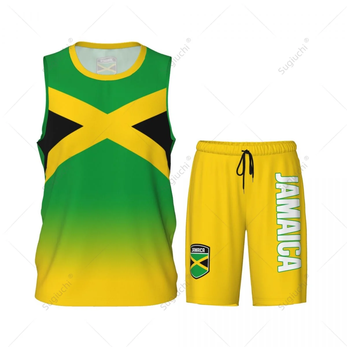 Men Jamaica Flag Basketball Jersey Set Mesh Shirt & Pants Sleeveless Exclusive Team-up Custom Name Nunber Unisex