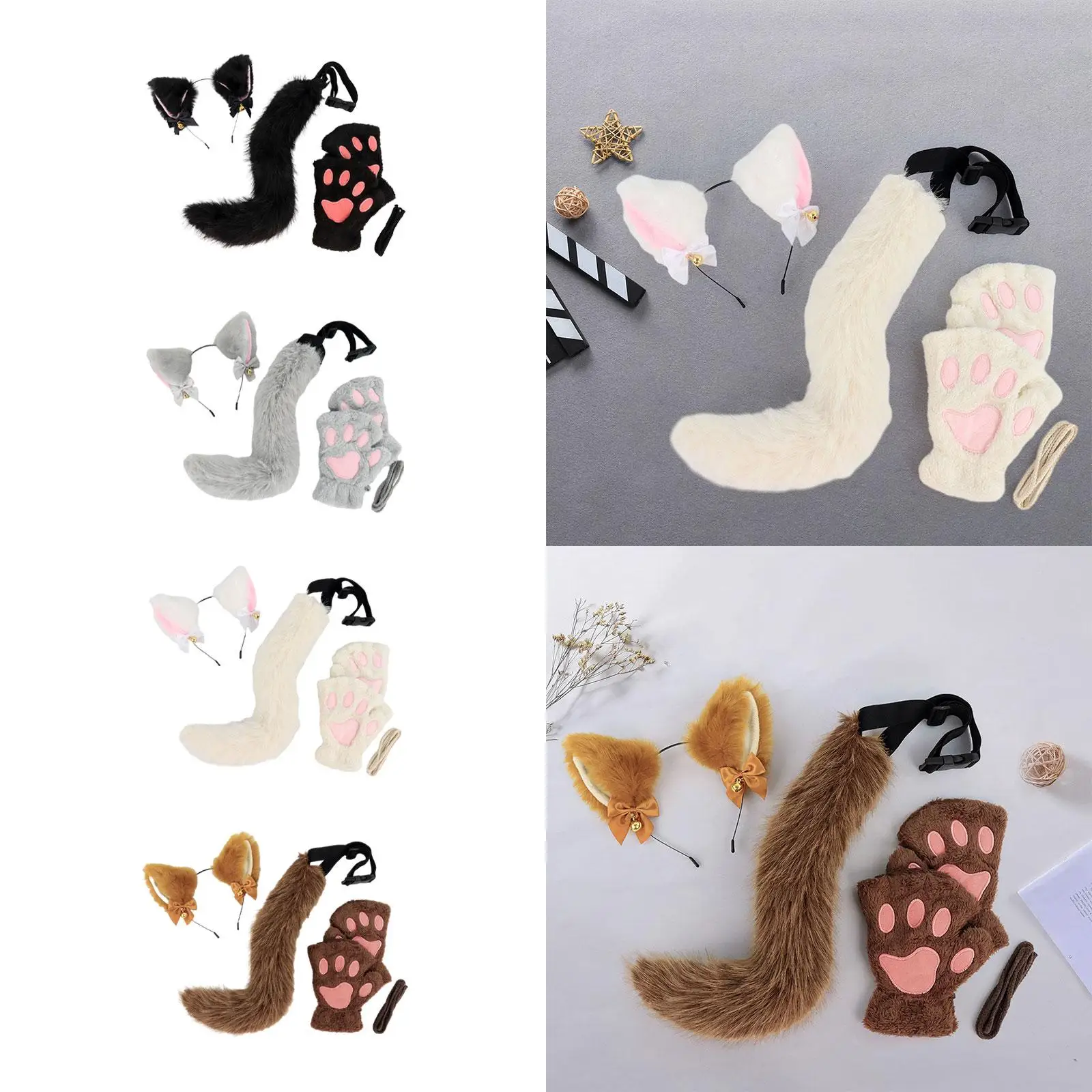 Cat Ears and Tail Set Plush Ears Hair Hoop for Carnival Halloween Holiday