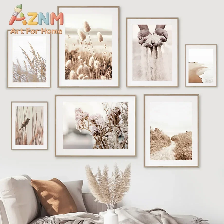 Neutral Beige Wall Art Mural Canvas Prints Boho Nature Landscape Highland Cow Coastal Pampas Grass Plant Posters Room Home Decor