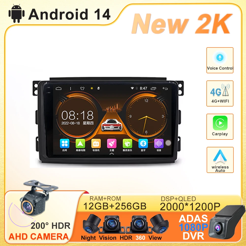 Android 14 Wireless CarPlay Auto Radio für Mercedes Benz Smart Fortwo 451 2005–2015 Auto-Player GPS