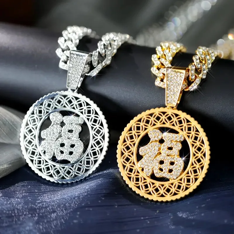 

Hip Hop MenChinese style FU Pendant Necklace Gold Plated Iced Out Bling Crystal Cuban Link Chain Charm Fashion Women Jewelry