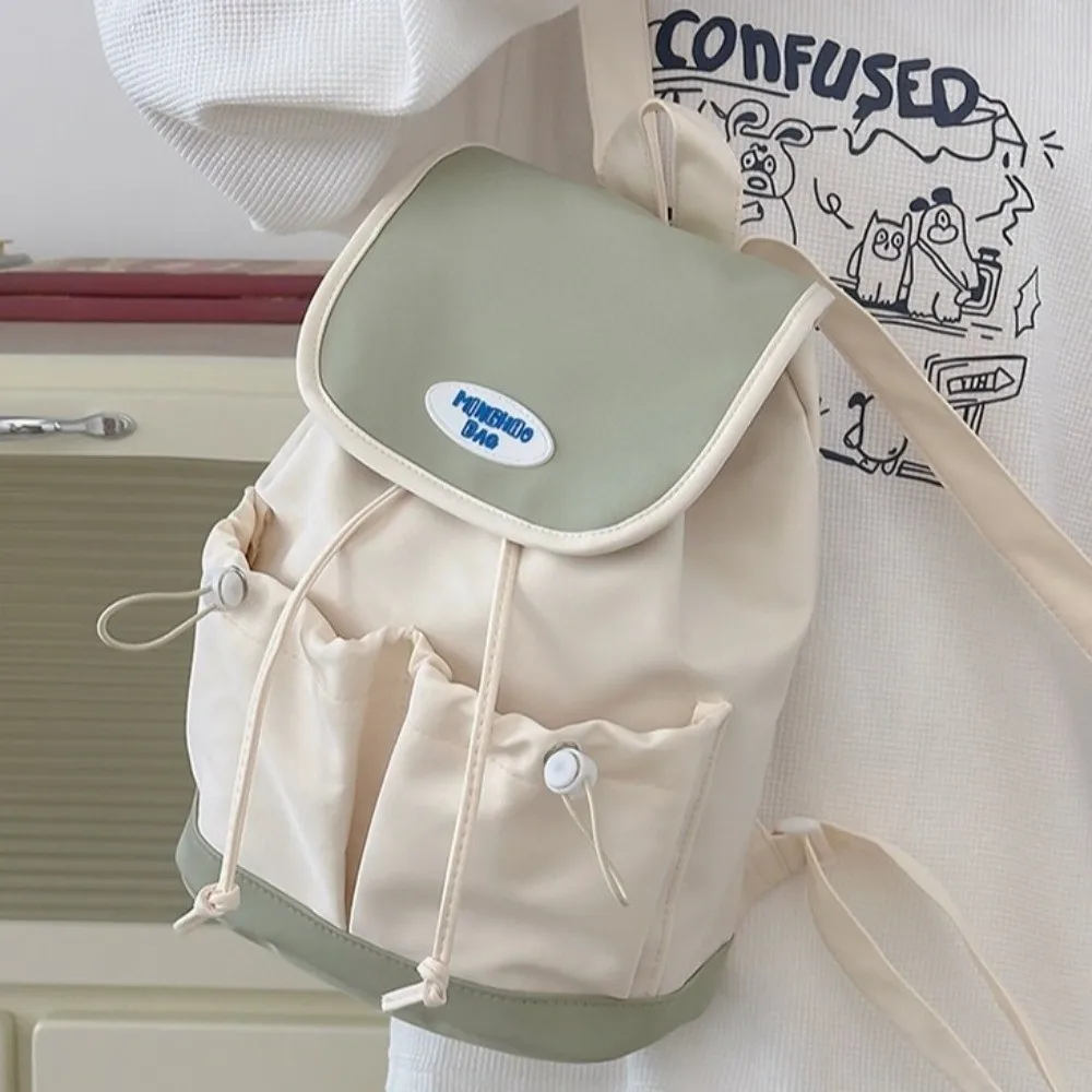 

Drawstring Nylon Backpack Colorful Large Capacity Shoulders Bag Korean Style Multiple Pockets Students School Bag Fitness